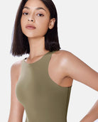 Double-lined bodysuit shapewear in olive green, sleeveless scoop neckline close-up