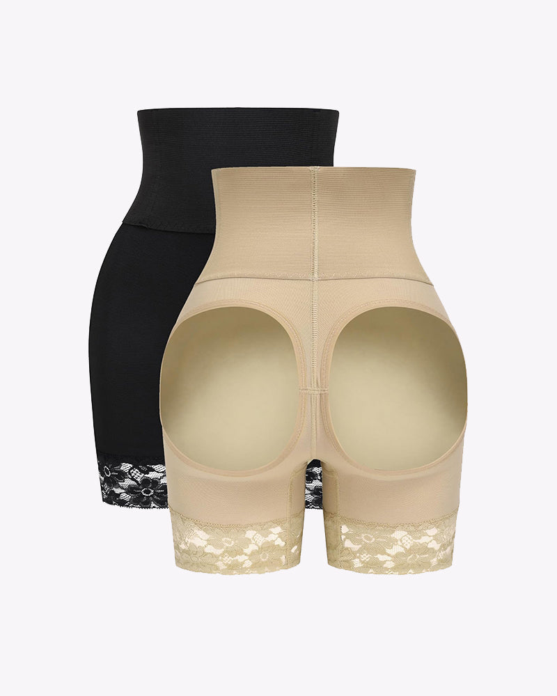 Beige high-waisted shapewear shorts with lace hem; black pair behind