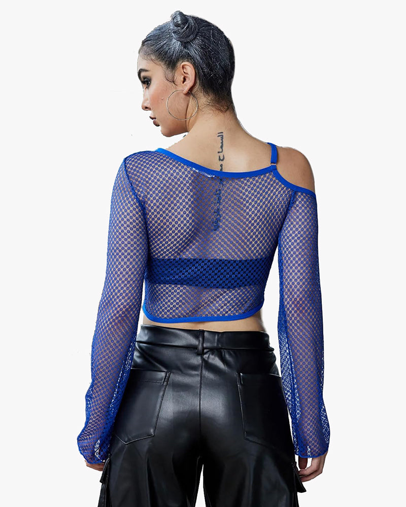Long sleeve fishnet crop top with cutout bra cups, blue mesh, back strap detail