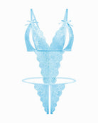 Lace deep V bodysuit teddy in light blue with bow straps and lace thong panel