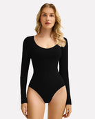 Black scoop-neck long-sleeve bodysuit shapewear, fitted with thong-style bottom