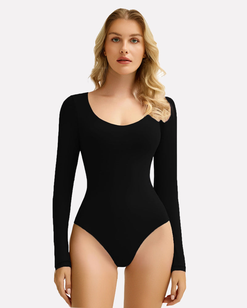 Black scoop-neck long-sleeve bodysuit shapewear, fitted with thong-style bottom