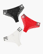 Lace glitter cheeky panties set: black, red, and white lace with scalloped edges