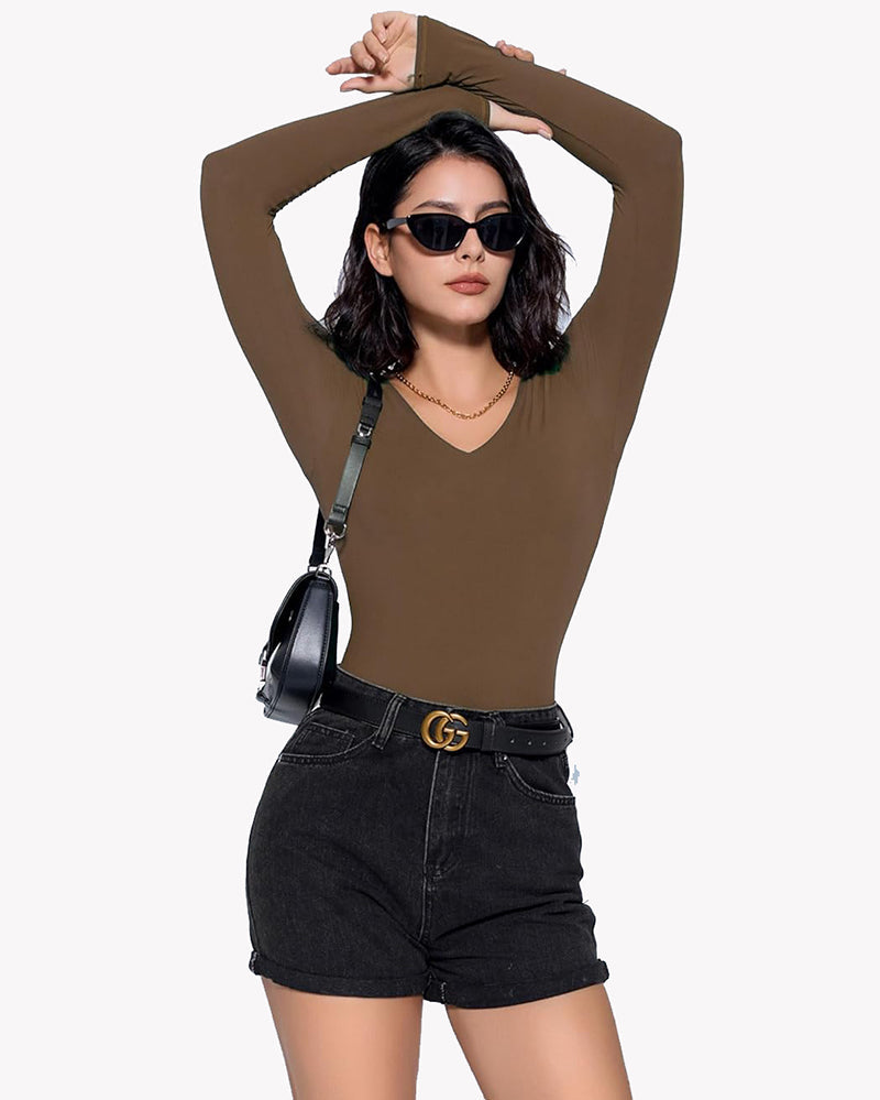 Double-lined long-sleeve bodysuit, dark brown, V-neck, fitted silhouette