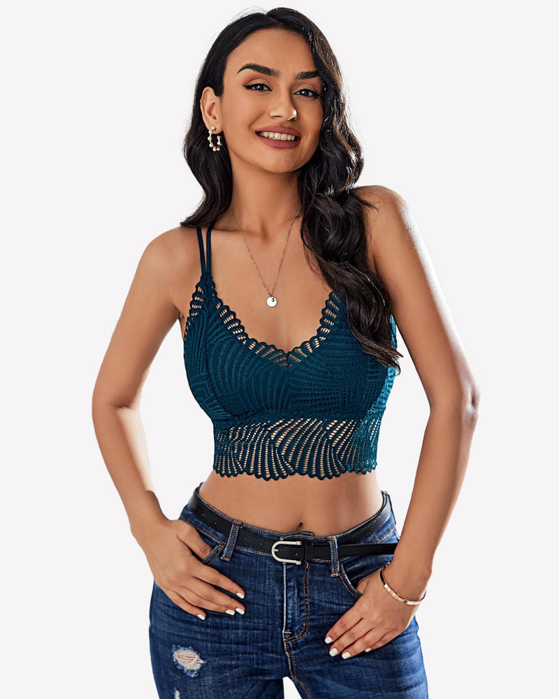 Peacock blue v-neck racerback crop top with scalloped lace trim and slim straps