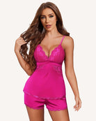 Pink-purple satin pajama set with lace heart neckline camisole and matching shorts