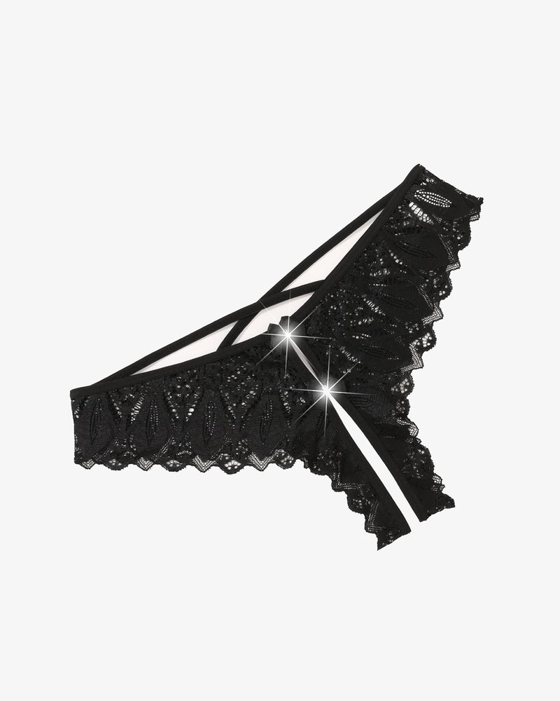 Black lace crotchless hipster panty with crisscross straps and lace-cutout detail