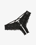 Black lace crotchless hipster panty with crisscross straps and lace-cutout detail