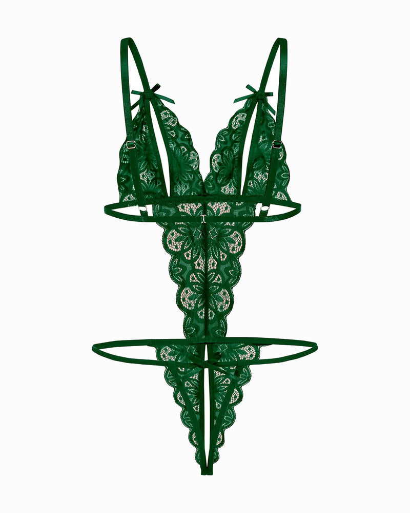 Lace deep V bodysuit teddy in green with bow straps and lace thong center panel