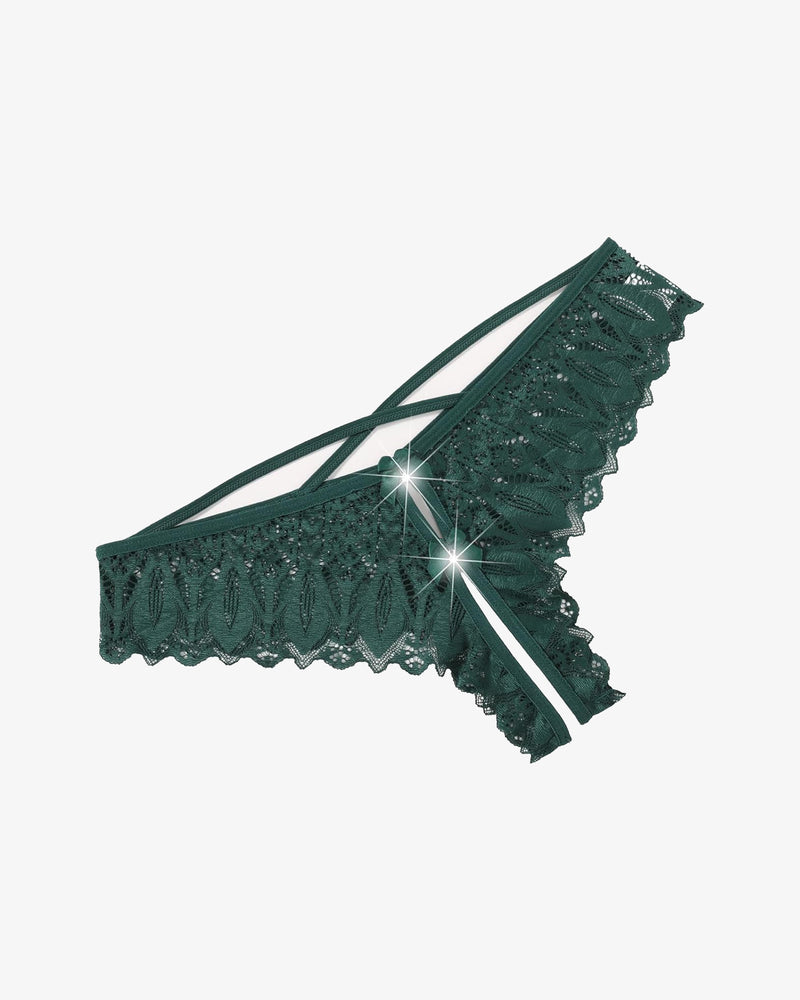 Dark green lace crotchless hipster panty with crisscross straps and scalloped trim