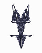 Lace deep V bodysuit teddy in black with bow straps and lace thong front