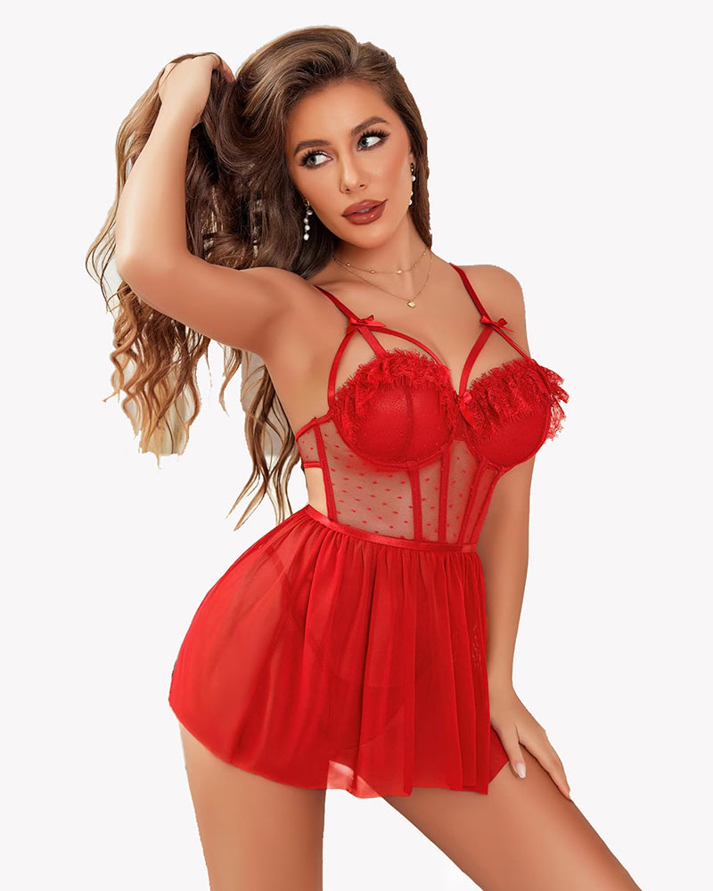 Wine red mesh chemise nightgown with lace push-up cups and sheer bodice, angled pose