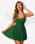 Green lace babydoll lingerie dress with sweetheart neckline and adjustable straps