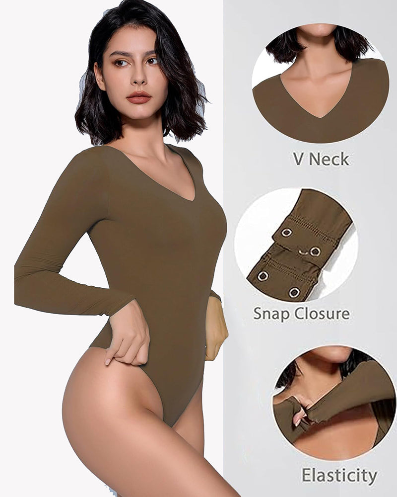 Double-lined bodysuit details: V-neck, snap closure, elastic long-sleeve stretch