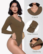 Double-lined bodysuit details: V-neck, snap closure, elastic long-sleeve stretch