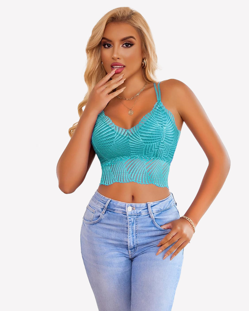 Turquoise v-neck racerback crop top with scalloped lace trim and thin shoulder straps