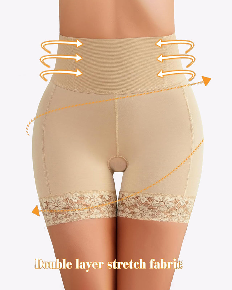 Beige tummy control shorts with stretch support panels and lace trim