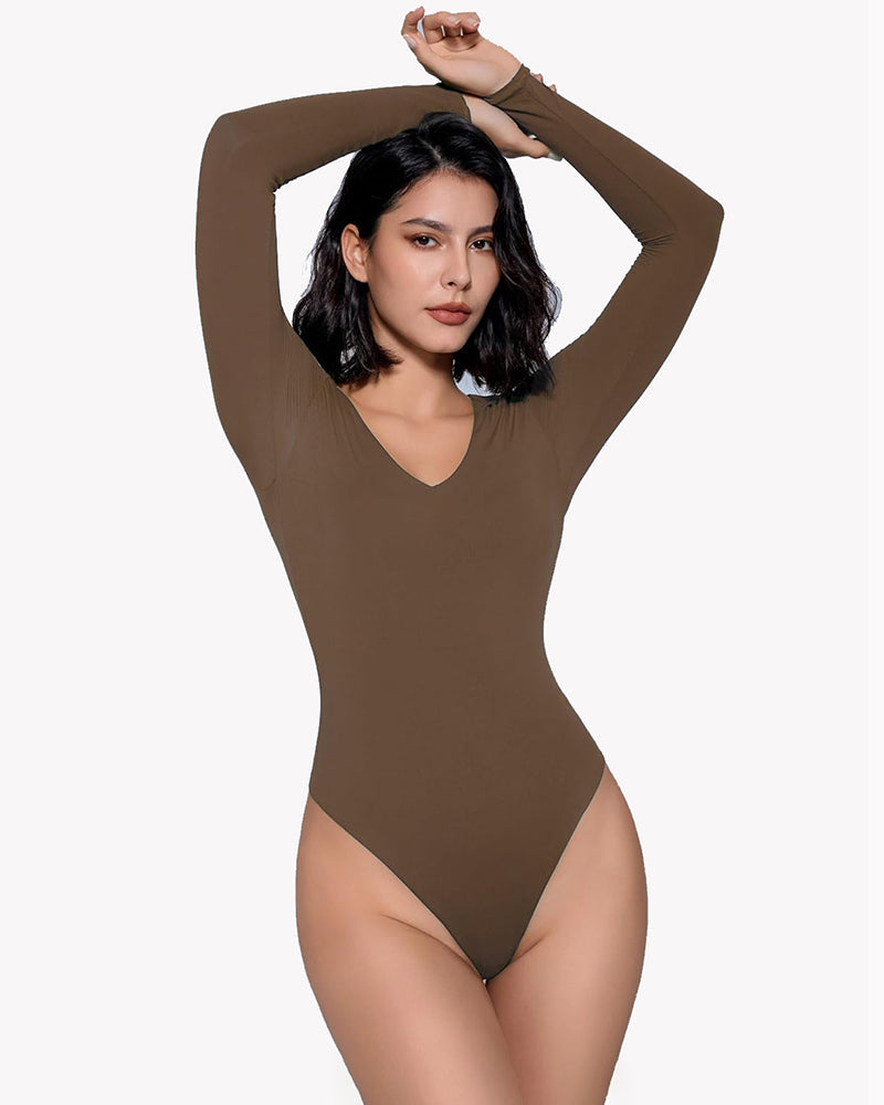 Double-lined long-sleeve bodysuit, tan, V-neck, high-cut leg