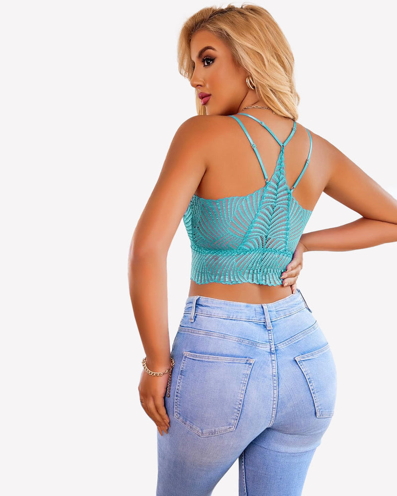Turquoise V-neck racerback crop top with scalloped hem and crisscross straps