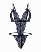 Lace deep V bodysuit teddy in dark navy with bow straps and lace thong