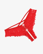 Red lace criss-cross string crotchless hipster panty with scalloped edges