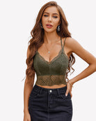 Olive V-neck racerback crop top with lace-like knit texture and crisscross back straps