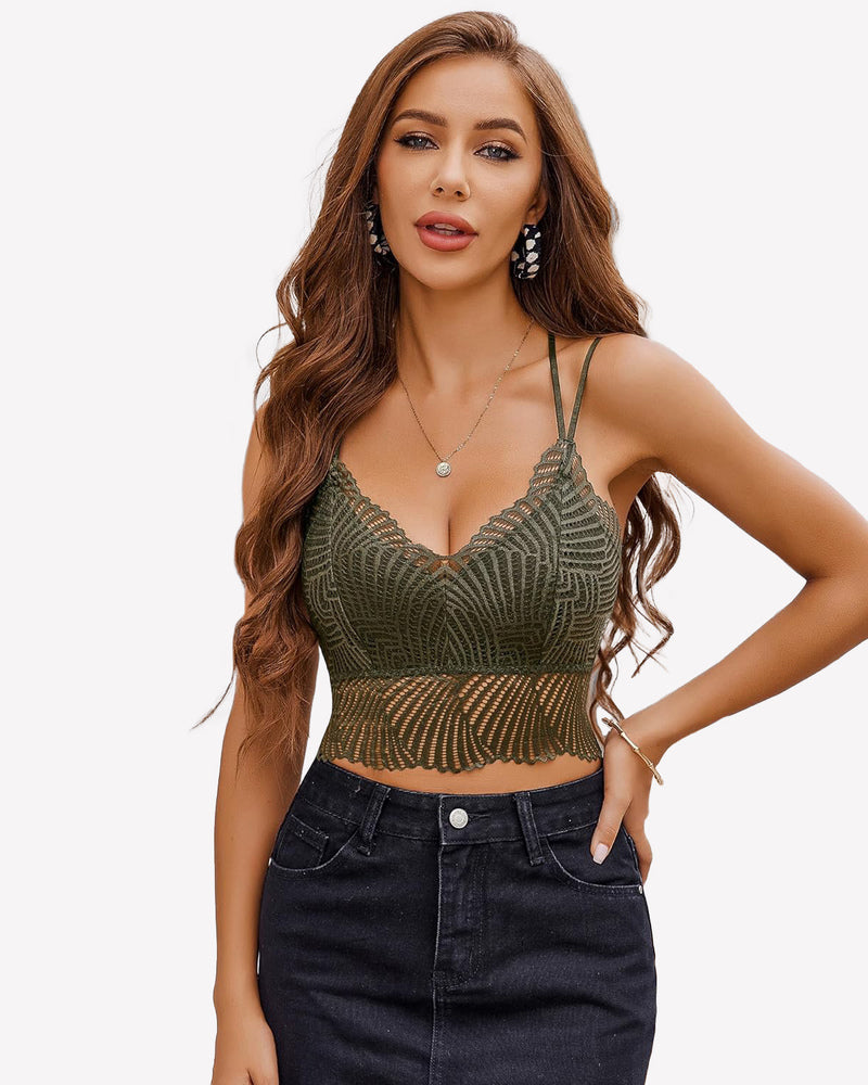 Olive V-neck racerback crop top with lace-like knit texture and crisscross back straps