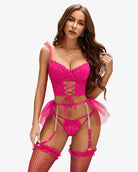 Pink lace lingerie set with tulle mini skirt, lattice front, and garters
