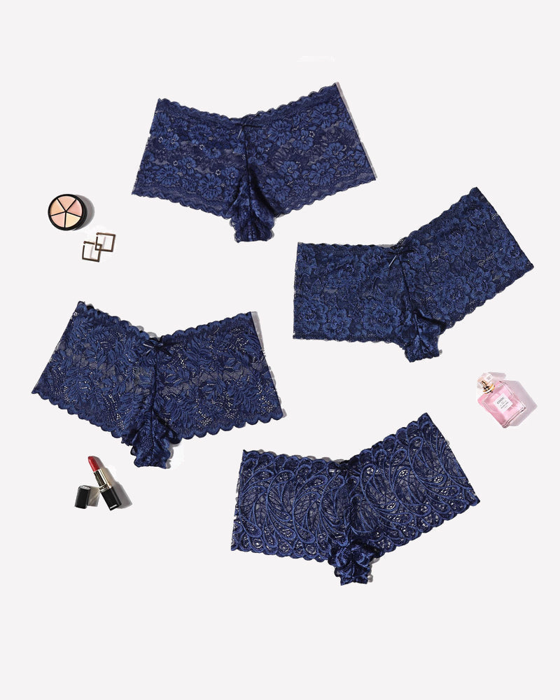 Navy blue floral lace mid-rise panties set of 4, laid flat