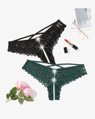 Black and dark green lace crotchless hipster panties with crisscross straps and scalloped trim