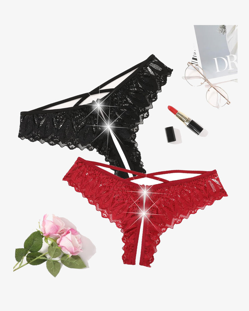 Black and red lace crotchless hipster panties with crisscross straps and scalloped edges