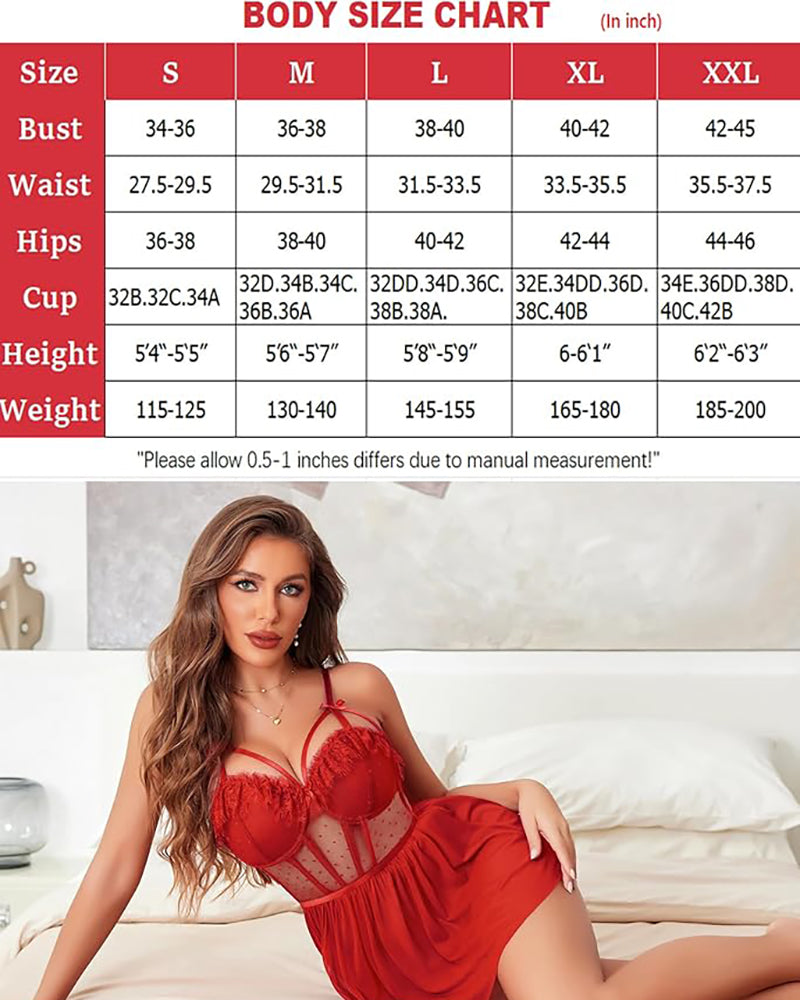 Nightgown body size chart with bust, waist, hips, height, and weight ranges
