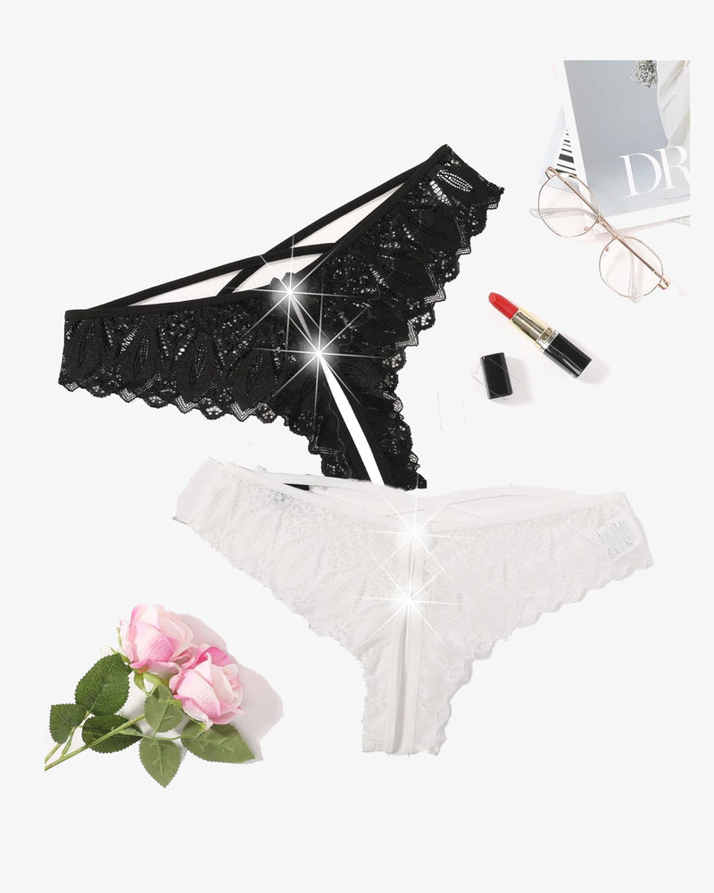 Black and white lace crotchless hipster panties with crisscross straps and scalloped edges