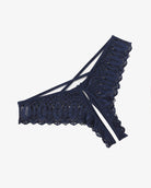 Dark blue lace criss-cross string crotchless hipster panty with scalloped edges
