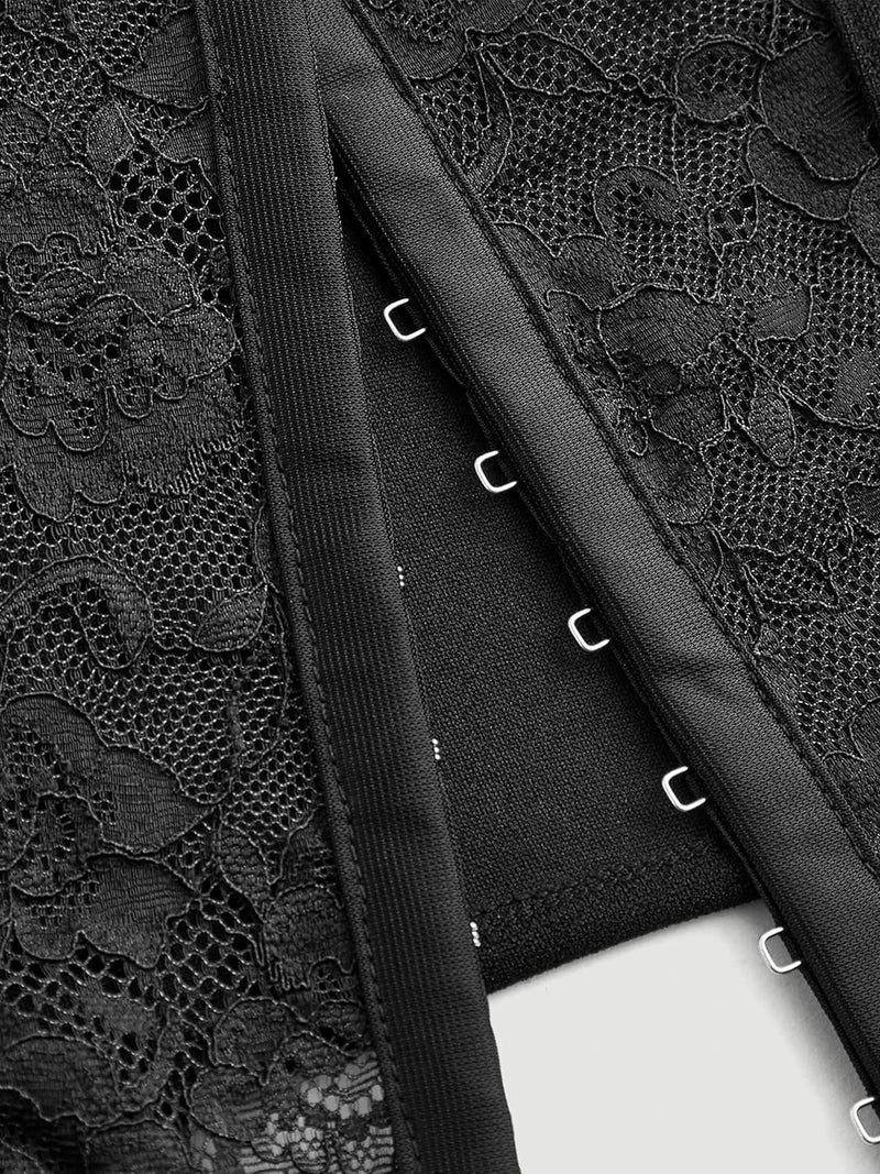 Black lace crop top close-up with front zipper tabs