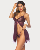 Plum lace babydoll lingerie with strappy sides, lace cups, and sheer ruffled hem