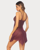 Lace babydoll lingerie, deep plum satin mesh with lace-trim straps and back view