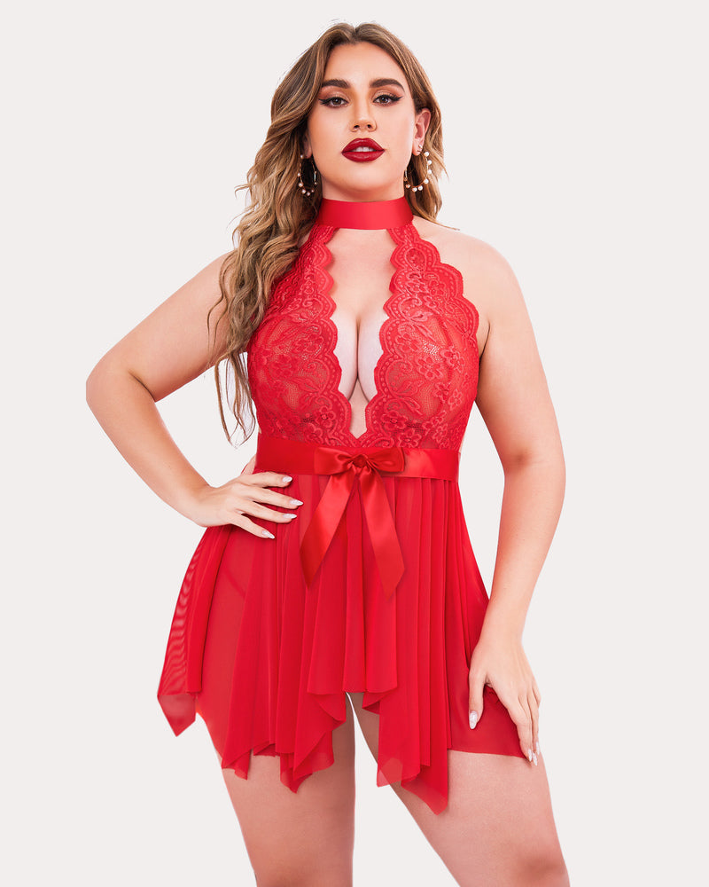 Red lace halter babydoll teddy with scalloped neckline and layered chiffon ruffle skirt