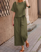 Loose fit two piece set: army green short-sleeve top and wide-leg cropped pants