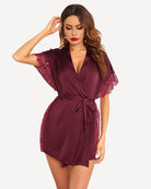 Satin eyelash sleepwear robe in dark red with lace-trim sleeves and tie waist