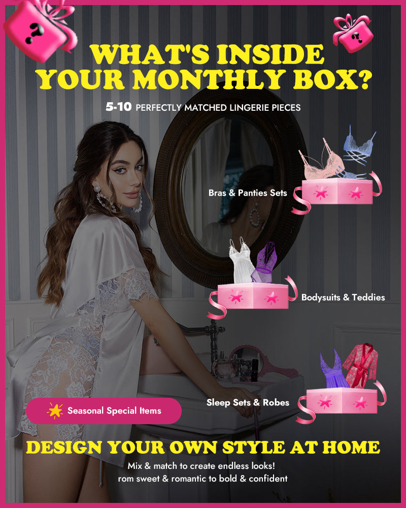 Monthly lingerie box content preview with bras, panties, bodysuits, and seasonal special items