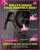 Monthly lingerie box content preview with bras, panties, bodysuits, and seasonal special items