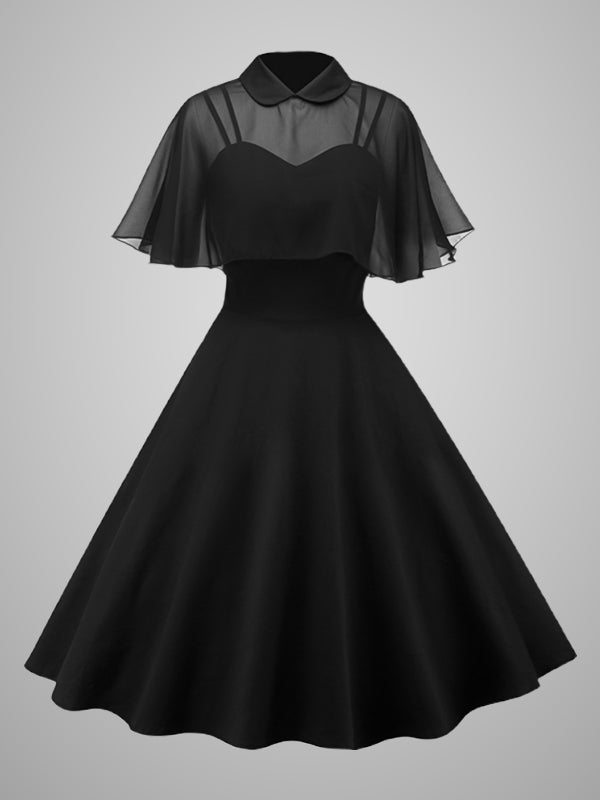 Black midi witch dress with sheer cape sleeves, fitted bodice, flared skirt