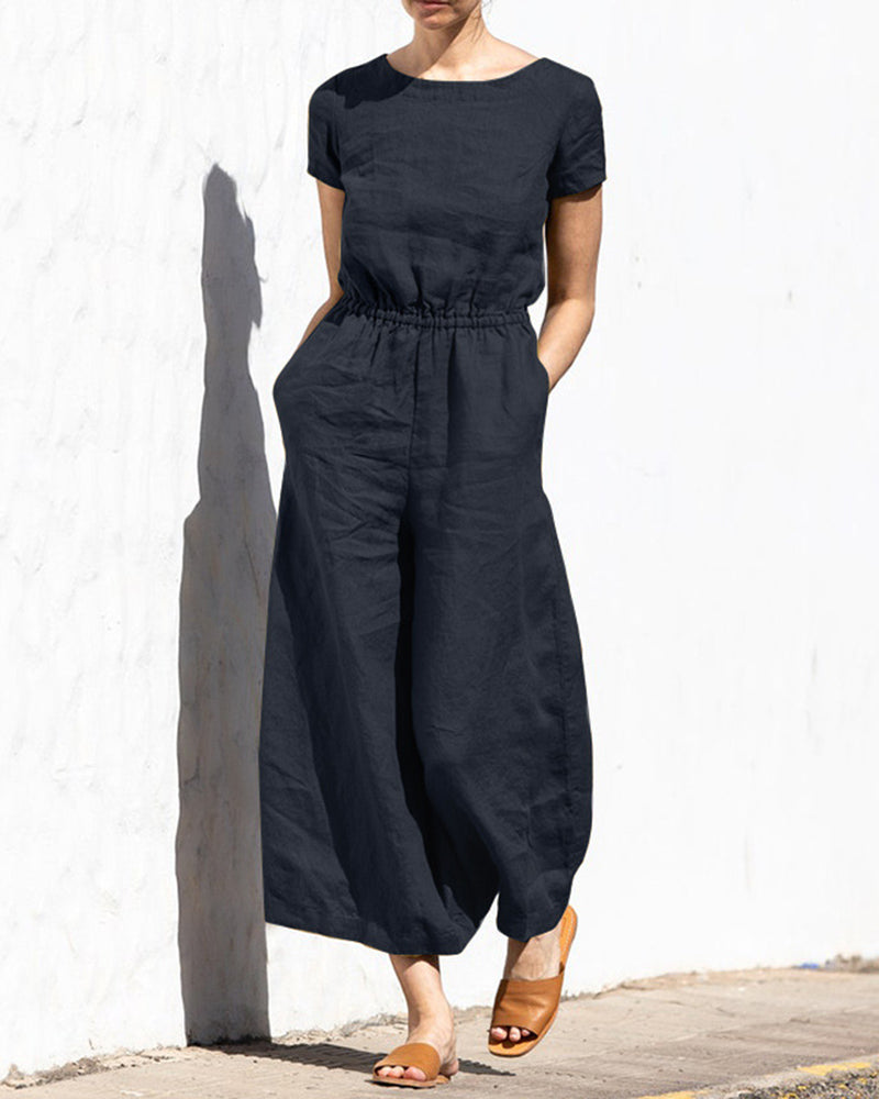 Cotton-linen wide-leg jumpsuit, dark navy, short sleeves, elastic waist, loose legs