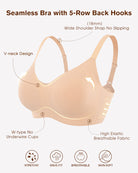 Beige wireless padded V-neck bra with wide straps and smooth seamless fit