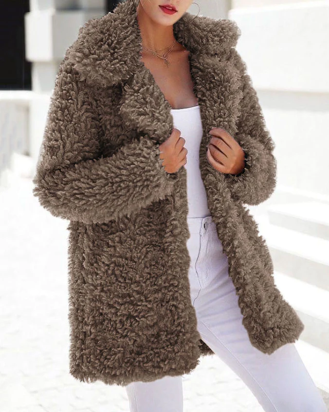 Brown oversized fleece teddy jacket, open front, shaggy sherpa texture, long sleeves