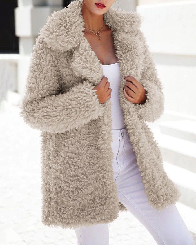 White oversized fleece teddy jacket, open front, shaggy sherpa texture, long sleeves