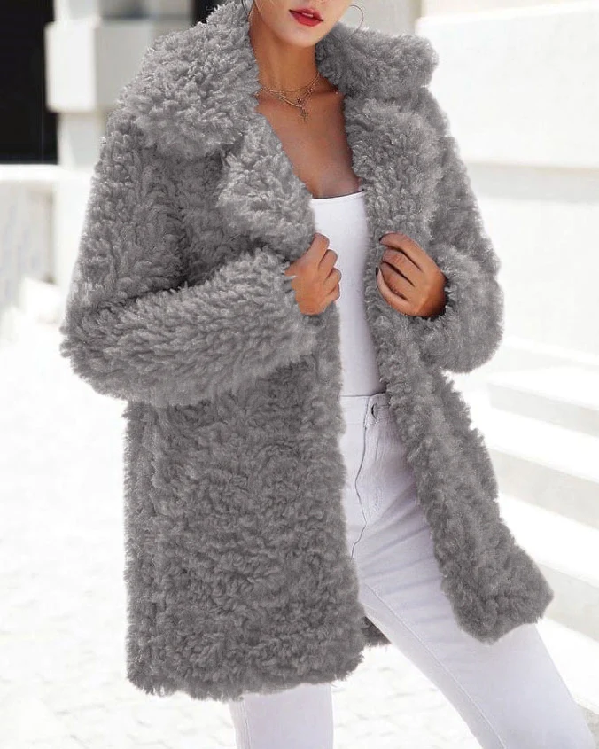 Grey oversized fleece teddy jacket, open front, shaggy sherpa texture
