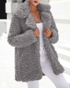 Grey oversized fleece teddy jacket, open front, shaggy sherpa texture