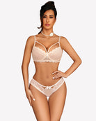 White lace bra and panty set with underwire cups and matching lace thong